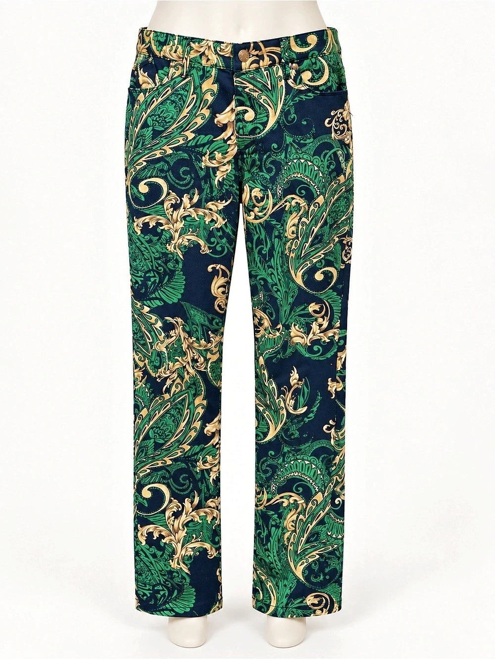 Chico’s Platinum Jegging Size 1 Navy Green Gold Baroque Print